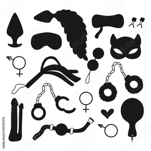 Set of sex toys. Collection of toys for adults. Vector illustration. Silhouette style.Sex shop set. Set of erotic elements. BDSM toys.