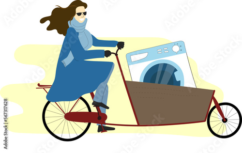 Young woman brown hair riding bakfiets cargo bike on a high speed. City family bicycle with front box trunk and large cargo in it concept. Vector illustration photo
