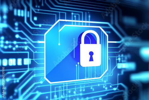 Wallpaper Mural Hologram of a lock with binary code behind representing cybersecurity, privacy and network security. Technology hacking preventing. Torontodigital.ca