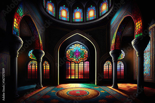 Mosque Interior colorful for celebration  Ramadam Kareem  Eid Greetings  Generative Ai