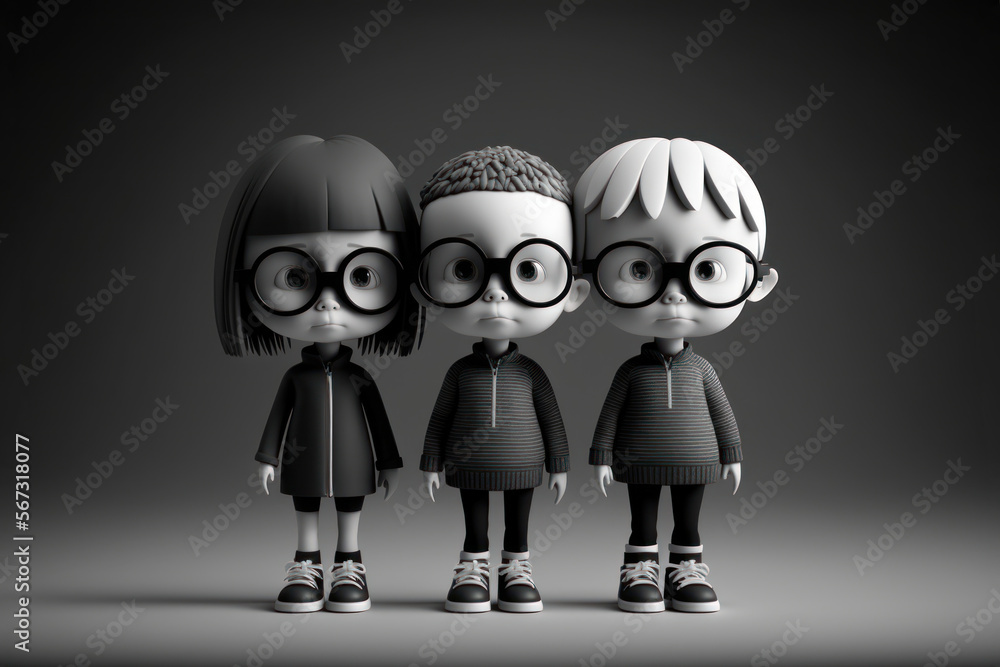 Children friendship. Three kids, boys and girl, in black and white. Friends, school class mates. Generative AI Children friendship. Three kids, boys and girl, in black and white. Friends, school class mates. Generative AI