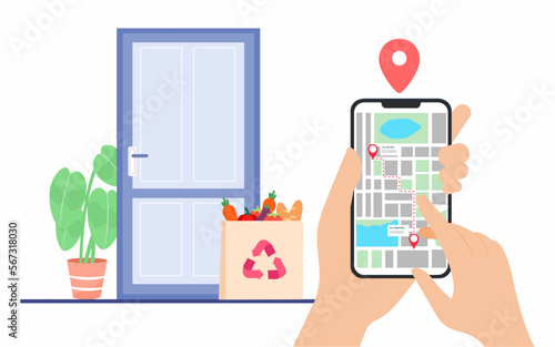 Hand holding a smartphone with an open map to see location, Deliver food, grocery at Doorstep, Online safe delivery.