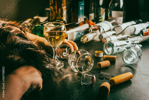 Canvas Print After party - empty bottles, concept of alcoholism, alcohol abuse and addiction