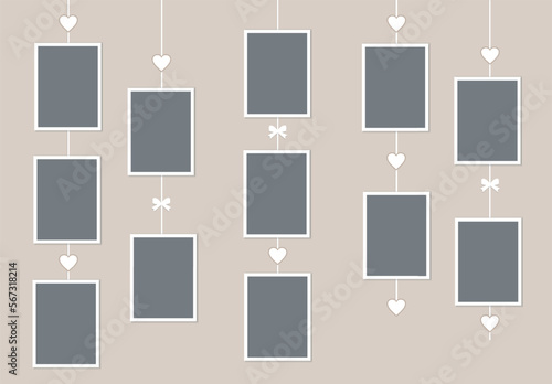 Set of black hanging photo frames on beige background. Vector realistic mockup. 12 vertical photo cards with white border, hearts and bows. Blank Template for collages, holiday cards design. EPS10