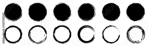 Black grunge round shapes collection. Dirty artistic design elements, frames for text. Paint, ink brush strokes, brushes splashes - stock vector.