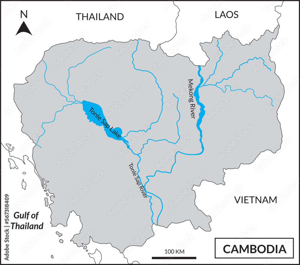 Map of Cambodia includes  Mekong River basin and Tonle Sap Lake. 