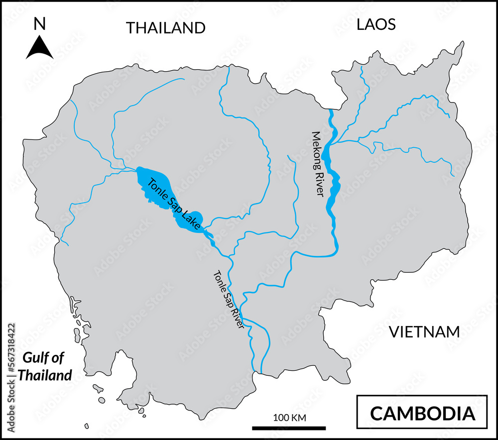 Map of Cambodia includes four regions: Northwestern, Cardamom and Elephant Mountains, Mekong Lowlands, and Eastern. Mekong River basin and Tonle Sap Lake. 