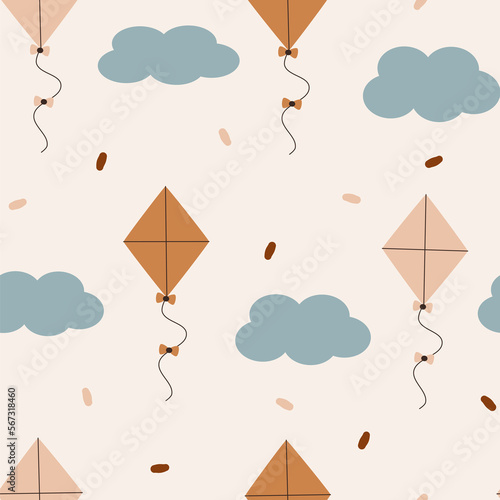  cute pastel kite and clouds seamless vector pattern background illustration