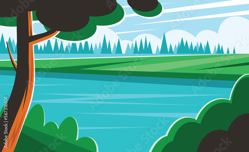 Green riverbank and blue sky. River at the forest. Vector illustration