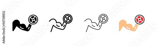 Hand with dumbbell set icon. Physical exercise, muscles, biceps, sports, rocking chair, gym, fitness classes, trainer, strength. Vector icon in line, black and colorful style on white background