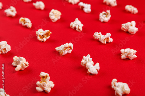 popcorn macro on a red background