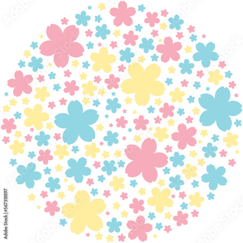 桜シルエットで埋め尽くされた円形フレームのイラスト（ピンク・水色・黄色）