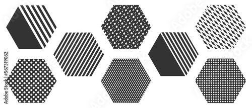 Collection of hexagon with decorative geometric pattern. Icon of Hexagon shape design element