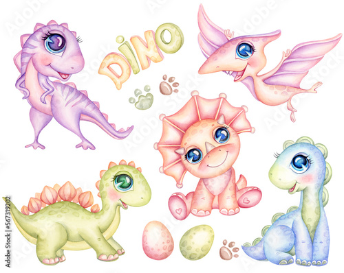 Cute Baby Dinosaurs watercolor illustration. Set colorful hand painted Dino Pterodactyl  Triceratops  Stegosaurus  Brontosaurus  Raptor  Tyrannosaurus for nursery   png file on transparent background