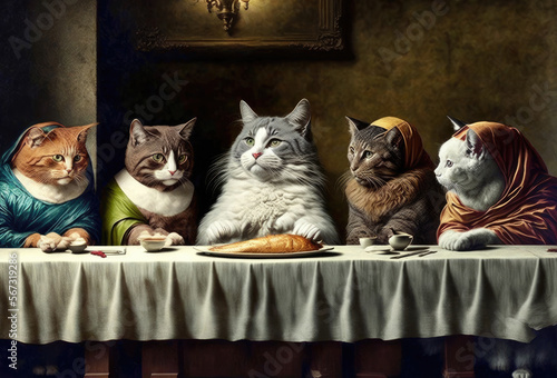 Last supper scene with cats. Funny scene with cats gathered around dining table.