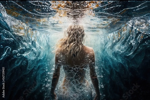 beautiful woman swimming in liquid diamonds view from the back illustration generative ai photo