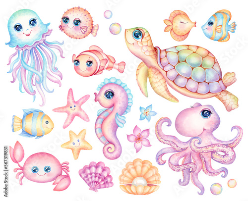 Cute little sea animals. Cartoon funny underwater creatures with big eyes. Marine fauna watercolor clipart set - sea turtle, octopus, jellyfish, seahorse, crab, fish, clown fish, starfish.
