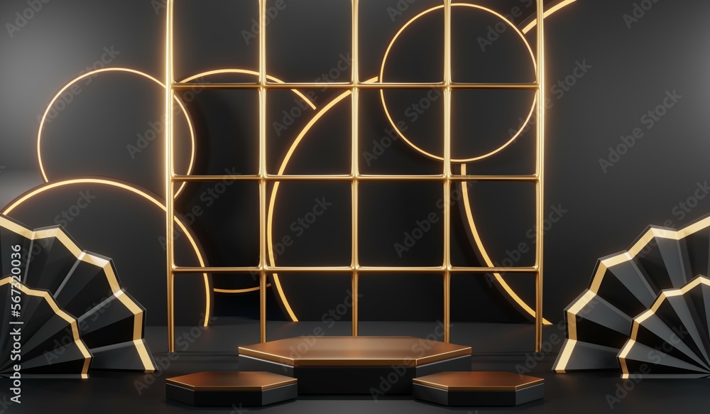 3d render of abstract realistic studio room with Luxury round pedestal stand podium with golden glitter in shape backdrop. Luxury black friday sale scene for product display presentation background 3d render of abstract realistic studio room with Luxury round pedestal stand podium with golden glitter in shape backdrop. Luxury black friday sale scene for product display presentation background