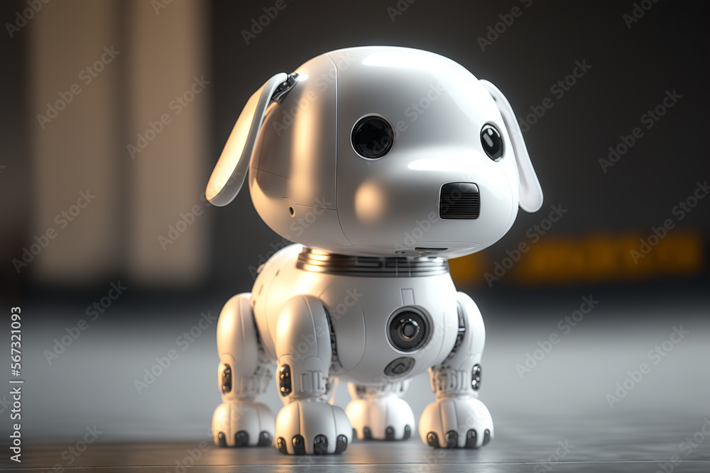 Cute robotic puppy on empty background. White happy little dog robot