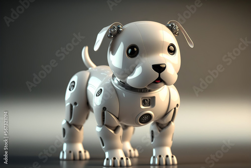 Cute robotic puppy on empty background. White happy little dog robot. Futuristic pet assistant powered by artificial intelligence. Generative ai