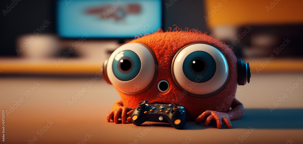 Cute video games character looking like a furry monster with big glossy eyes. Colorful lights and cartoon style. Generative ai Cute video games character looking like a furry monster with big glossy eyes. Colorful lights and cartoon style. Generative ai