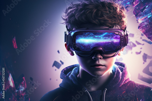 Teenager using virtual reality glasses to play video games in the Metaverse. Kid with VR device and digital elements around his head. Generative ai © sdecoret