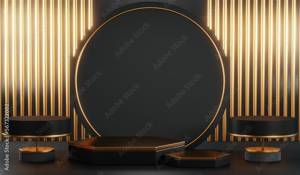 3d render of abstract realistic studio room with Luxury round pedestal stand podium with golden glitter in shape backdrop. Luxury black friday sale scene for product display presentation background 3d render of abstract realistic studio room with Luxury round pedestal stand podium with golden glitter in shape backdrop. Luxury black friday sale scene for product display presentation background