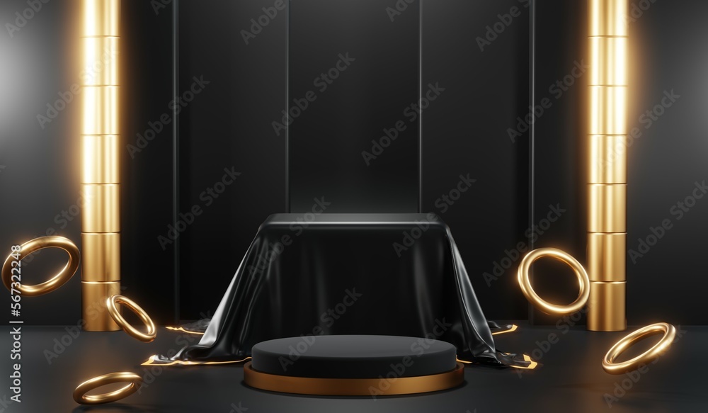 3d render of abstract realistic studio room with Luxury round pedestal stand podium with golden glitter in shape backdrop. Luxury black friday sale scene for product display presentation background