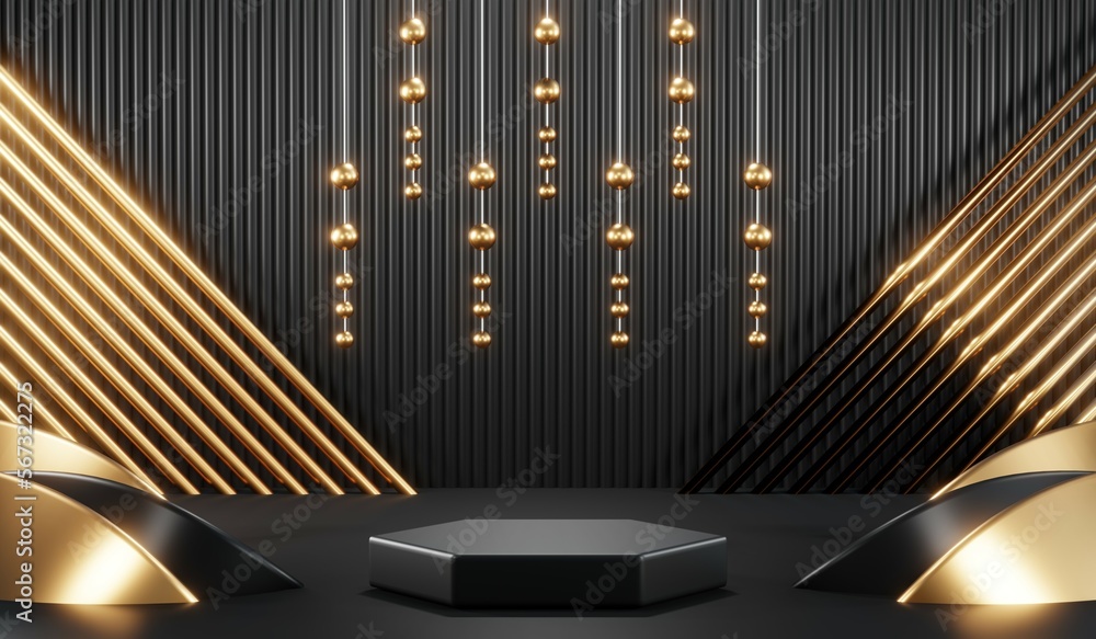 Fototapeta premium 3d render of abstract realistic studio room with Luxury round pedestal stand podium with golden glitter in shape backdrop. Luxury black friday sale scene for product display presentation background