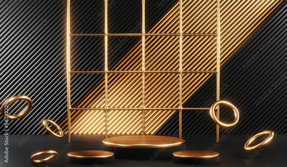 3d render of abstract realistic studio room with Luxury round pedestal stand podium with golden glitter in shape backdrop. Luxury black friday sale scene for product display presentation background 3d render of abstract realistic studio room with Luxury round pedestal stand podium with golden glitter in shape backdrop. Luxury black friday sale scene for product display presentation background