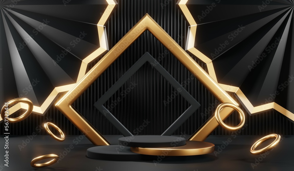 3d render of abstract realistic studio room with Luxury round pedestal stand podium with golden glitter in shape backdrop. Luxury black friday sale scene for product display presentation background 3d render of abstract realistic studio room with Luxury round pedestal stand podium with golden glitter in shape backdrop. Luxury black friday sale scene for product display presentation background