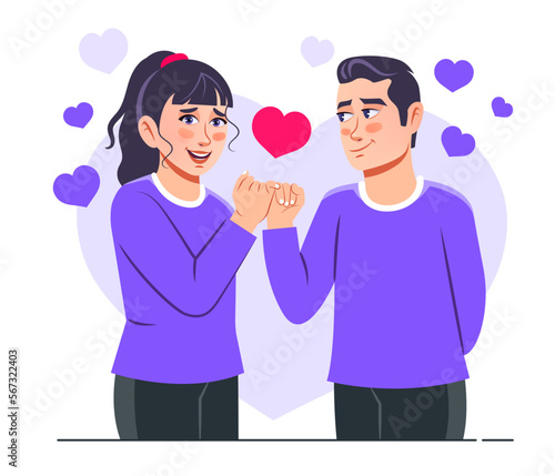 Couple giving promise to each other saying happy promise day. Two hands making a pinky promise with heart shape. Flat style vector Illustration scene isolated on white background for blogging, website