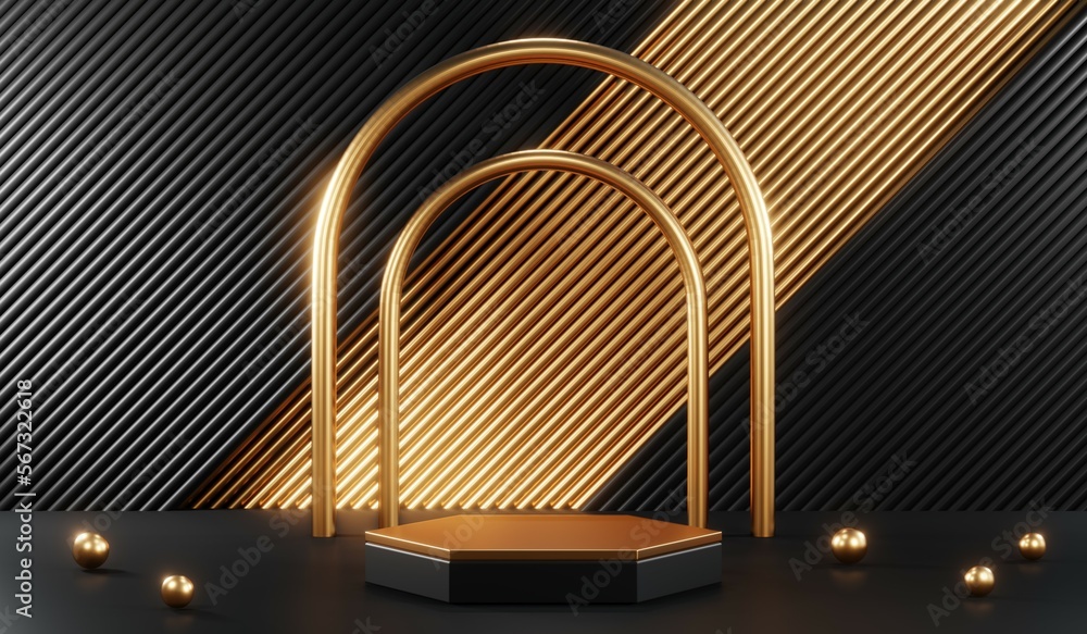 Fototapeta premium 3d render of abstract realistic studio room with Luxury round pedestal stand podium with golden glitter in shape backdrop. Luxury black friday sale scene for product display presentation background