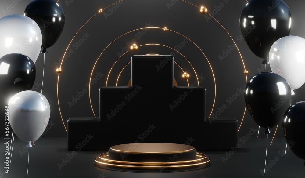 3d render of abstract realistic studio room with Luxury round pedestal stand podium with golden glitter in shape backdrop. Luxury black friday sale scene for product display presentation background 3d render of abstract realistic studio room with Luxury round pedestal stand podium with golden glitter in shape backdrop. Luxury black friday sale scene for product display presentation background