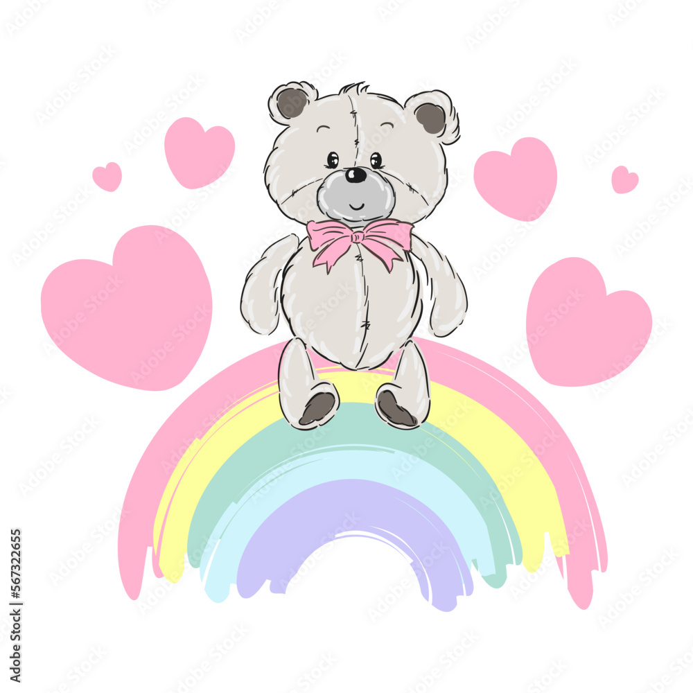 Cute bear on rainbow with hearts. Cartoon vector illustration for baby, child Cute bear on rainbow with hearts. Cartoon vector illustration for baby, child