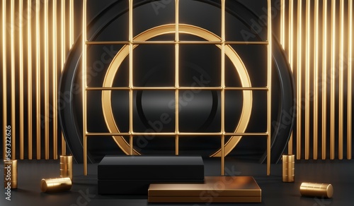 3d render of abstract realistic studio room with Luxury round pedestal stand podium with golden glitter in shape backdrop. Luxury black friday sale scene for product display presentation background