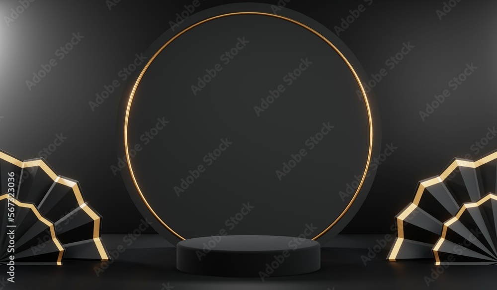 3d render of abstract realistic studio room with Luxury round pedestal stand podium with golden glitter in shape backdrop. Luxury black friday sale scene for product display presentation background 3d render of abstract realistic studio room with Luxury round pedestal stand podium with golden glitter in shape backdrop. Luxury black friday sale scene for product display presentation background