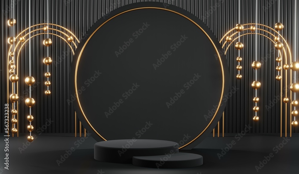 3d render of abstract realistic studio room with Luxury round pedestal stand podium with golden glitter in shape backdrop. Luxury black friday sale scene for product display presentation background 3d render of abstract realistic studio room with Luxury round pedestal stand podium with golden glitter in shape backdrop. Luxury black friday sale scene for product display presentation background