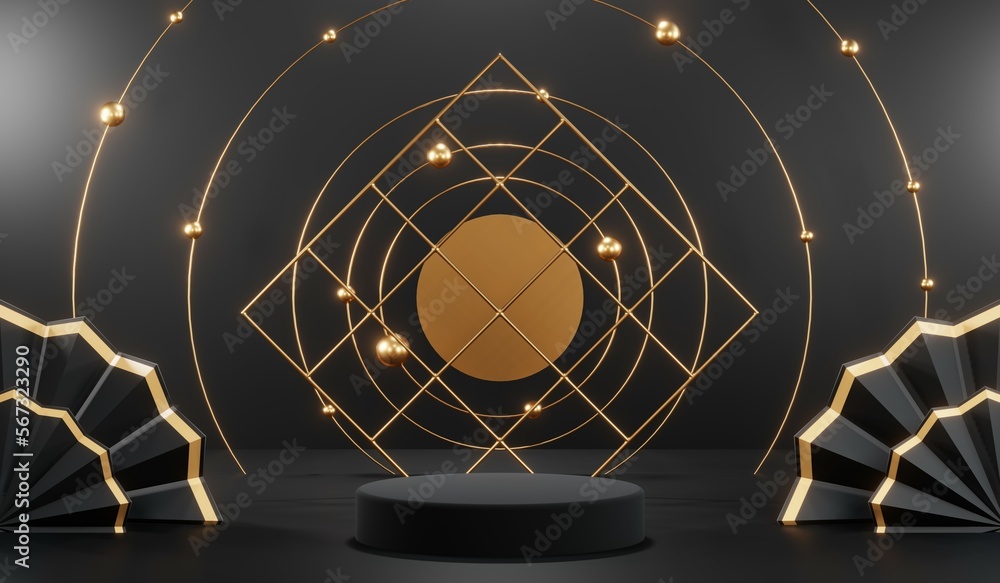 Fototapeta premium 3d render of abstract realistic studio room with Luxury round pedestal stand podium with golden glitter in shape backdrop. Luxury black friday sale scene for product display presentation background