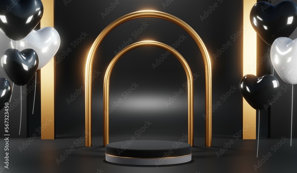 3d render of abstract realistic studio room with Luxury round pedestal stand podium with golden glitter in shape backdrop. Luxury black friday sale scene for product display presentation background 3d render of abstract realistic studio room with Luxury round pedestal stand podium with golden glitter in shape backdrop. Luxury black friday sale scene for product display presentation background