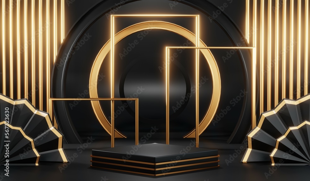 3d render of abstract realistic studio room with Luxury round pedestal stand podium with golden glitter in shape backdrop. Luxury black friday sale scene for product display presentation background 3d render of abstract realistic studio room with Luxury round pedestal stand podium with golden glitter in shape backdrop. Luxury black friday sale scene for product display presentation background