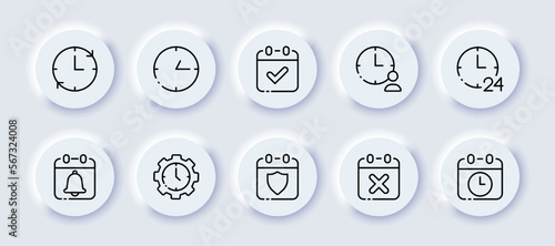 Clocks set icon. Watch, planning, schedule, calendar, 24, around the clock, work, table, business, information sign. Time management concept. Neomorphism style. Vector line icon for Advertising