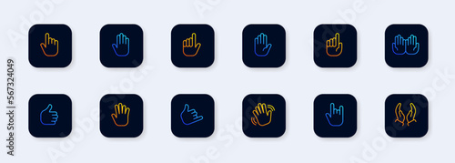 Hand gesture icons set. Thumbs up, okay, hello, cool, high five, bye, two hands. Set of hand emoticon vector isolated on white background. All hand emojis. Vector.