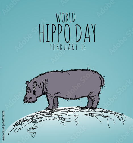 world hippo day february 15 vector illustration, holiday concept, scribble art, suitable for web banner poster or card campaign