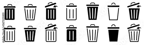 Set of trash cans icons. Trash bin. Bin icon. Trash can open icon. Trash can sign. Office trash icon. Vector illustration