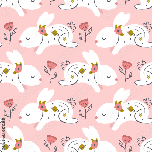 Cute Sleeping Baby Rabbits with Flowers Vector Seamless Pattern