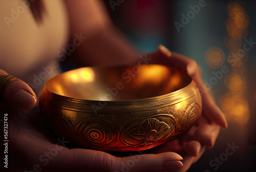 Woman Hands Playing Tibetan Singing Bowl - Translation of mantras : transform your impure body, speech, and mind into the pure exalted body, speech, and mind of a Buddha Genetrative Ai