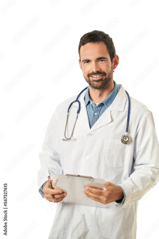 Medical Services. Happy young man Doctor in white uniform with stethoscope and clipboard Medical Services. Happy young man Doctor in white uniform with stethoscope and clipboard