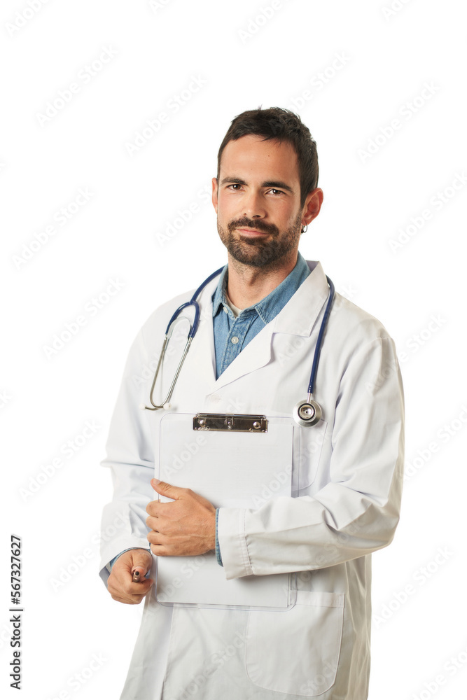Medical Services. Happy young man Doctor in white uniform with stethoscope and clipboard Medical Services. Happy young man Doctor in white uniform with stethoscope and clipboard