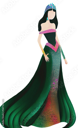 Princess drawing, woman with black hair in green dress, colorful illustration, vector design with transparent background